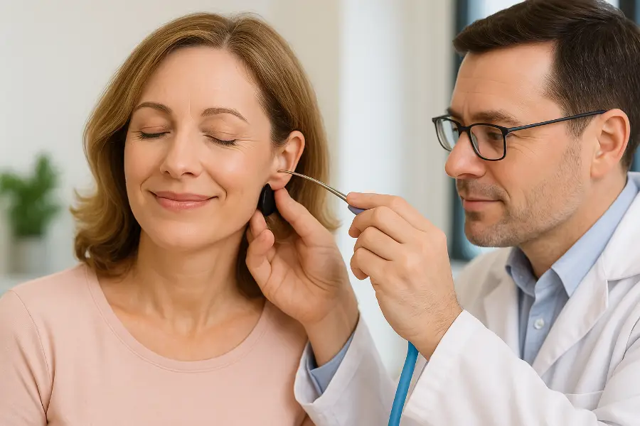 A woman receiving ear wax micro suction treatment from a pharmacist
